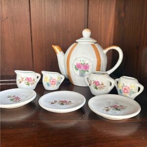 Miniature Porcelain Tea Set with Pink Floral Decals